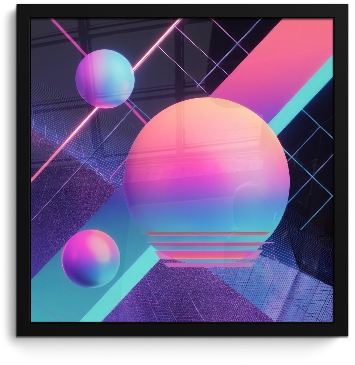 FrameYourWall Poster in lijst - Fotolijst 40x40 cm - Posters - Cirkels - Vlakken - Abstract - Blauw - Posterlijst zwart - Decoratie - Wanddecoratie woonkamer - Muurdecoratie slaapkamer Cirkels - Neon