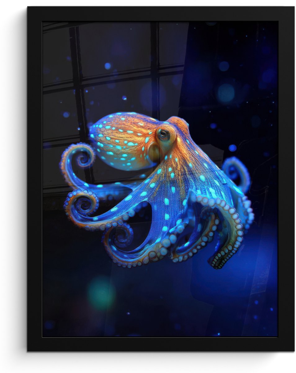 FrameYourWall Poster in lijst - Fotolijst 30x40 cm - Posters - Octopus - Stippen - Blauw - Zee - Posterlijst zwart - Decoratie - Wanddecoratie woonkamer - Muurdecoratie slaapkamer