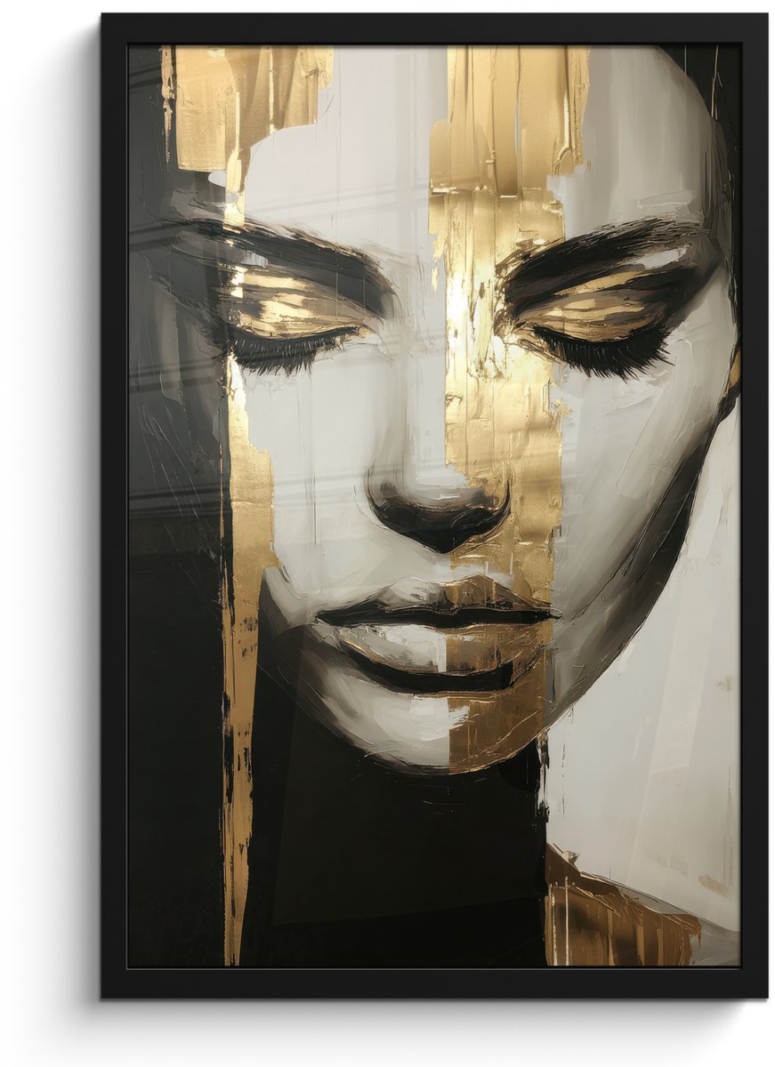 FrameYourWall Poster in lijst - Fotolijst 40x60 cm - Posters - Ogen - Gezicht - Goud - Strepen - Posterlijst zwart - Decoratie - Wanddecoratie woonkamer - Muurdecoratie slaapkamer