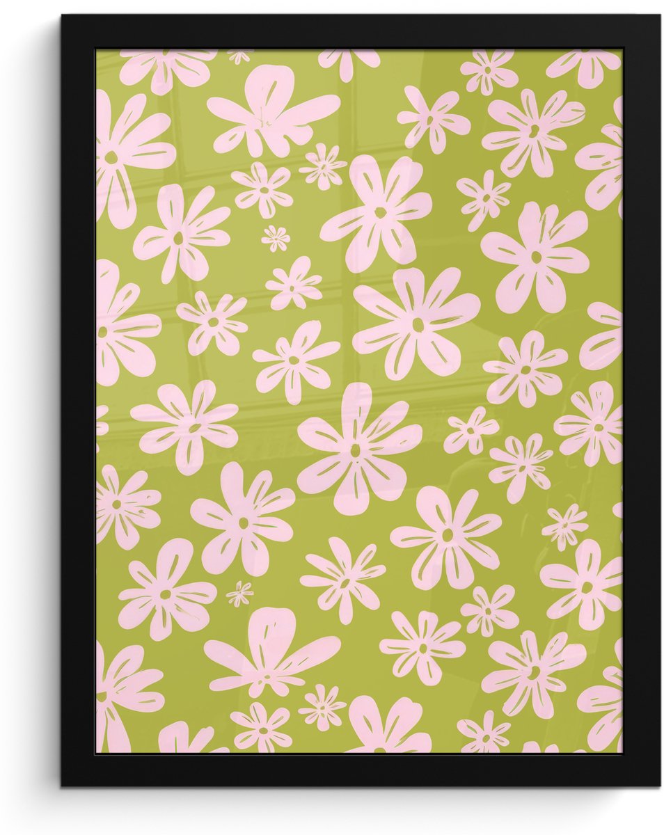 FrameYourWall Poster in lijst - Fotolijst 30x40 cm - Posters - Bloemen - Roze - Getekend - Patroon - Posterlijst zwart - Decoratie - Wanddecoratie woonkamer - Muurdecoratie slaapkamer Bloemen - Patroon