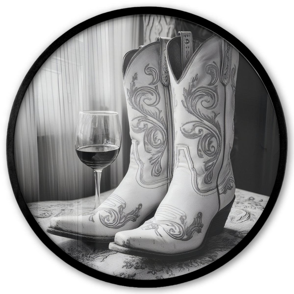 FrameYourWall Poster in lijst Rond - Fotolijst 40x40 cm - Posters - Wijn - Cowboylaarzen - Raamlicht - Wit - Ronde posterlijst zwart - Decoratie - Wanddecoratie woonkamer - Muurdecoratie slaapkamer Cowboylaarzen - Wijn
