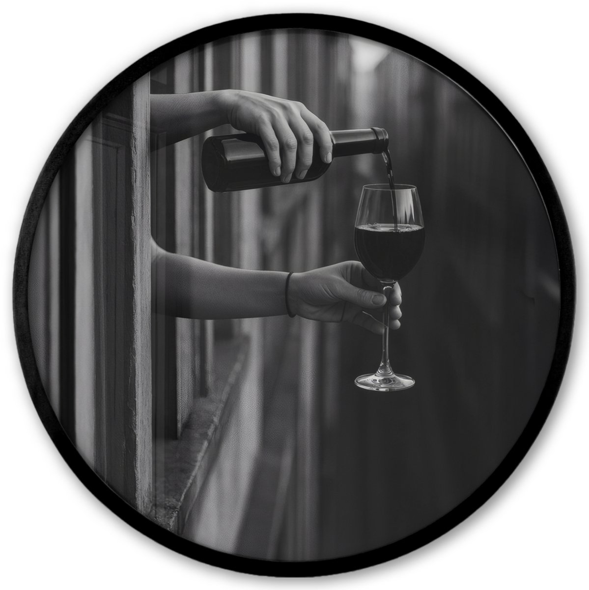 FrameYourWall Poster in lijst Rond - Fotolijst 40x40 cm - Posters - Wijnfles - Glas - Handen - Raam - Ronde posterlijst zwart - Decoratie - Wanddecoratie woonkamer - Muurdecoratie slaapkamer Wijn - Fles
