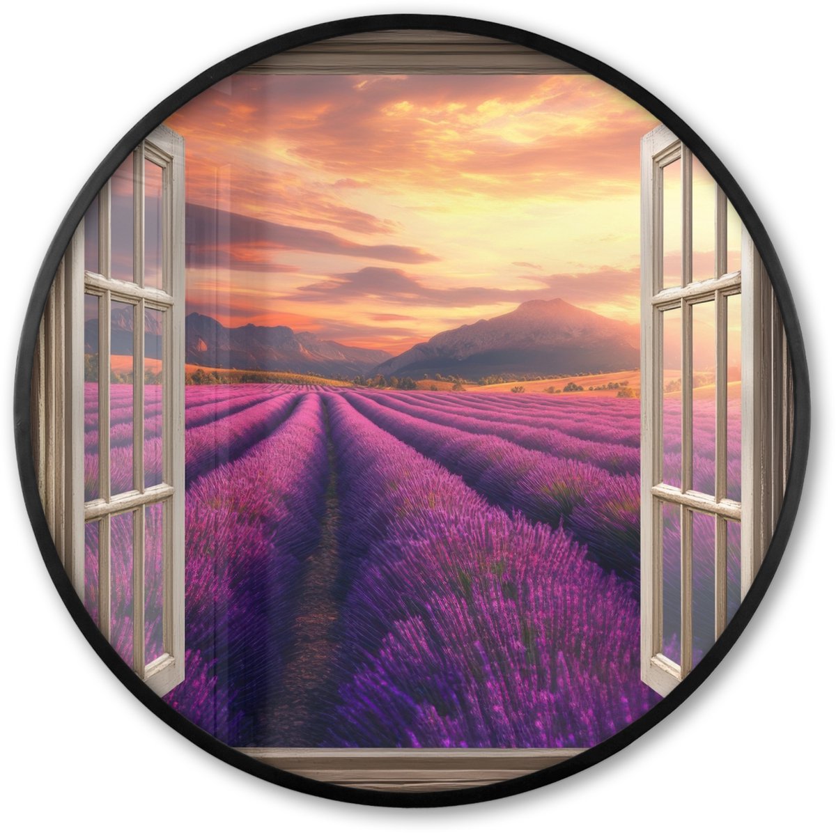 FrameYourWall Poster in lijst Rond - Fotolijst 60x60 cm - Posters - Doorkijk - Lavendel - Landschap - Bloemen - Paars - Ronde posterlijst zwart - Decoratie - Wanddecoratie woonkamer - Muurdecoratie slaapkamer