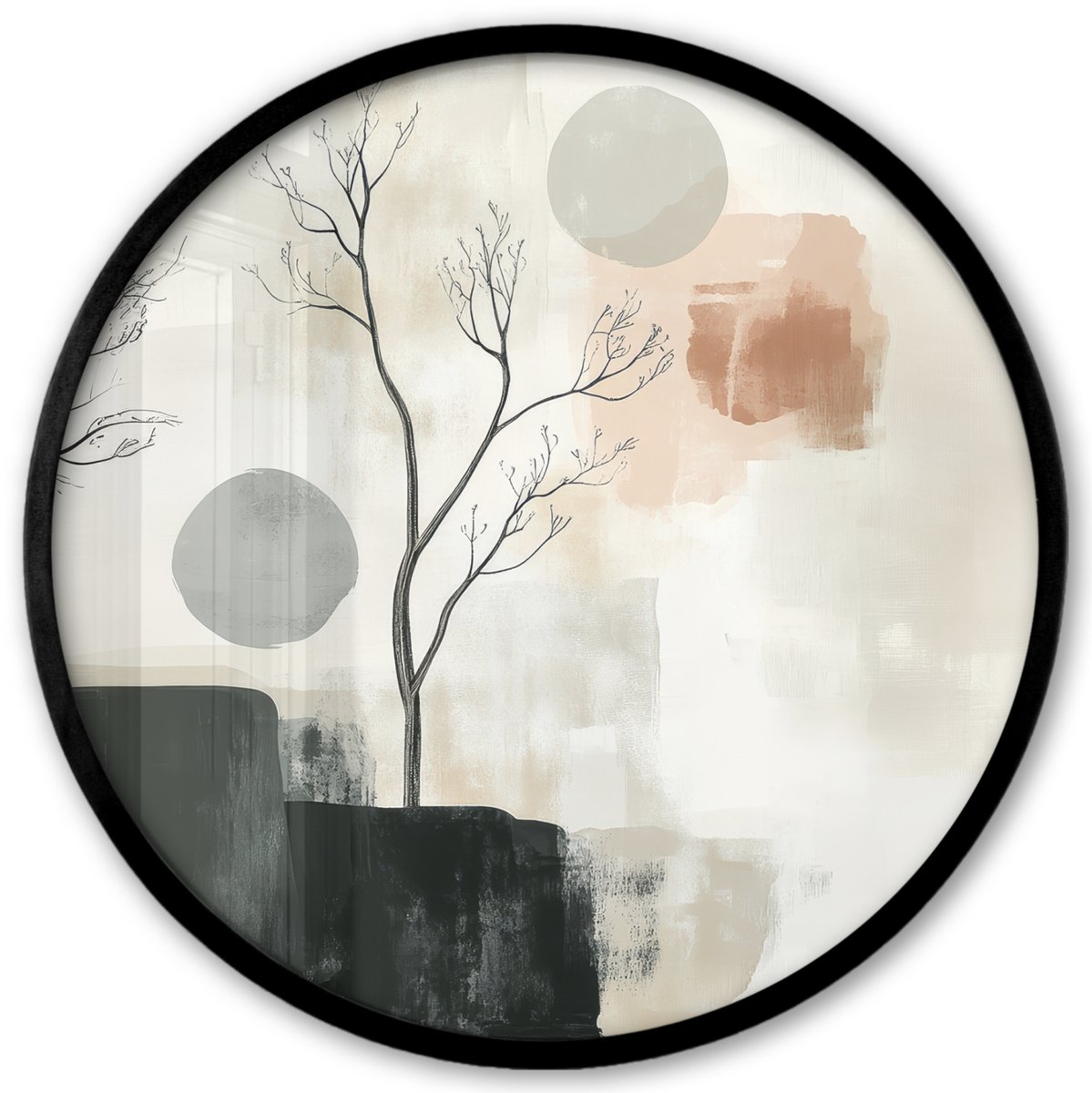 FrameYourWall Poster in lijst Rond - Fotolijst 40x40 cm - Posters - Wabi sabi - Beige - Plant - Ronde posterlijst zwart - Decoratie - Wanddecoratie woonkamer - Muurdecoratie slaapkamer Japandi - Natuur