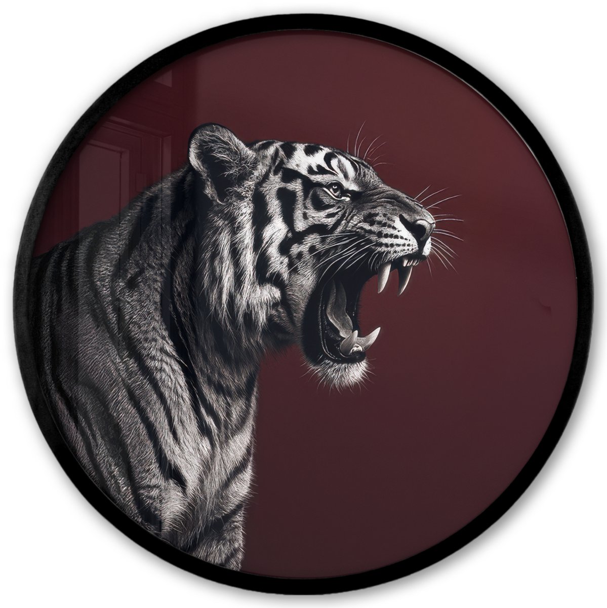 FrameYourWall Poster in lijst Rond - Fotolijst 40x40 cm - Posters - Tijger - Brult - Bordeaux - Ronde posterlijst zwart - Decoratie - Wanddecoratie woonkamer - Muurdecoratie slaapkamer Tijger - Brullen