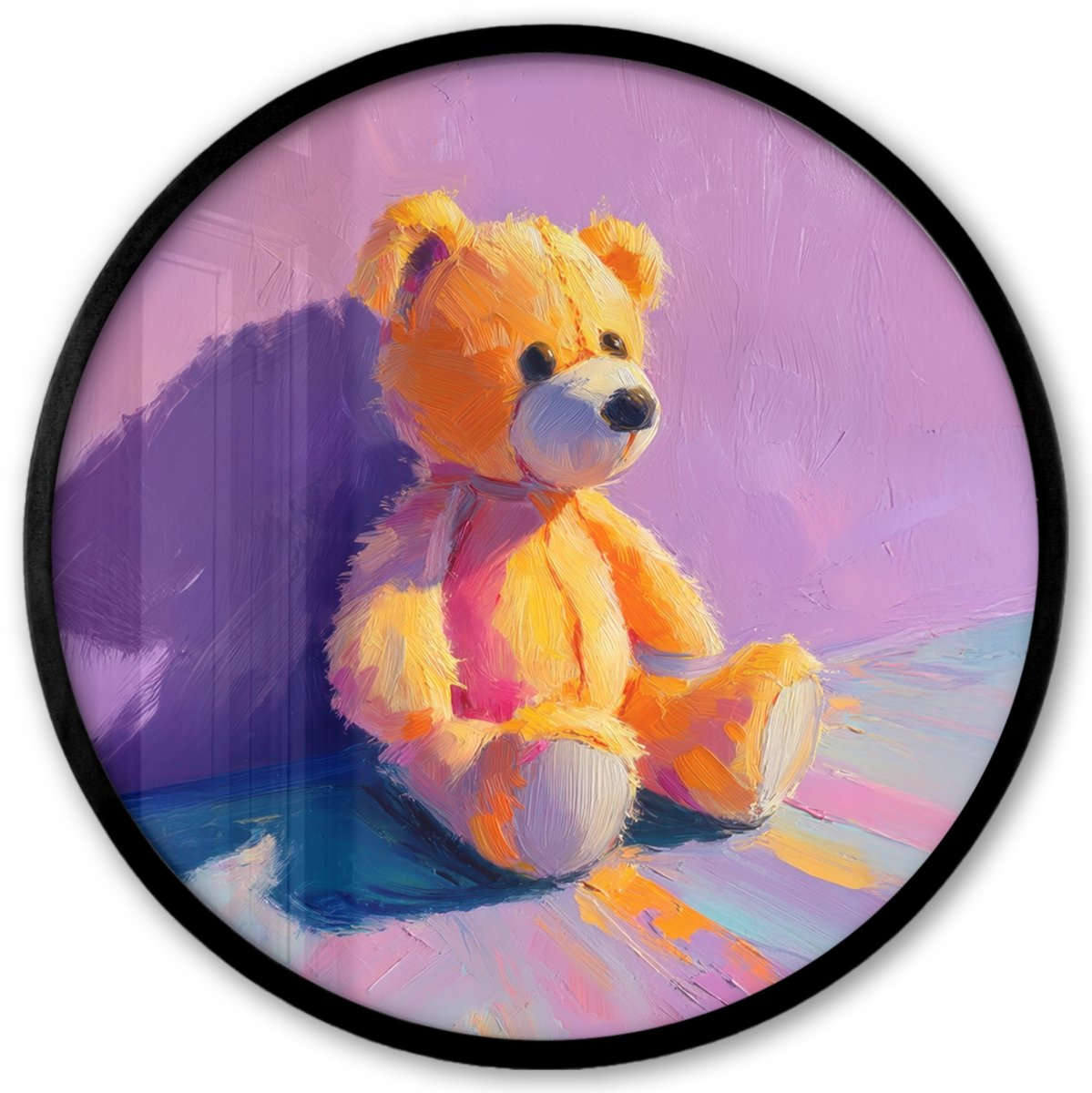 FrameYourWall Poster in lijst Rond - Fotolijst 40x40 cm - Posters - Teddybeer - Schaduw - Penseelstreken - Paars - Ronde posterlijst zwart - Decoratie - Wanddecoratie woonkamer - Muurdecoratie slaapkamer