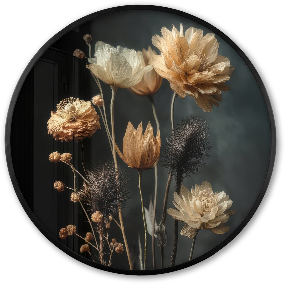 FrameYourWall Poster in lijst Rond - Fotolijst 80x80 cm - Posters - Boeket - Bloemen - Licht - Zwart - Ronde posterlijst zwart - Decoratie - Wanddecoratie woonkamer - Muurdecoratie slaapkamer