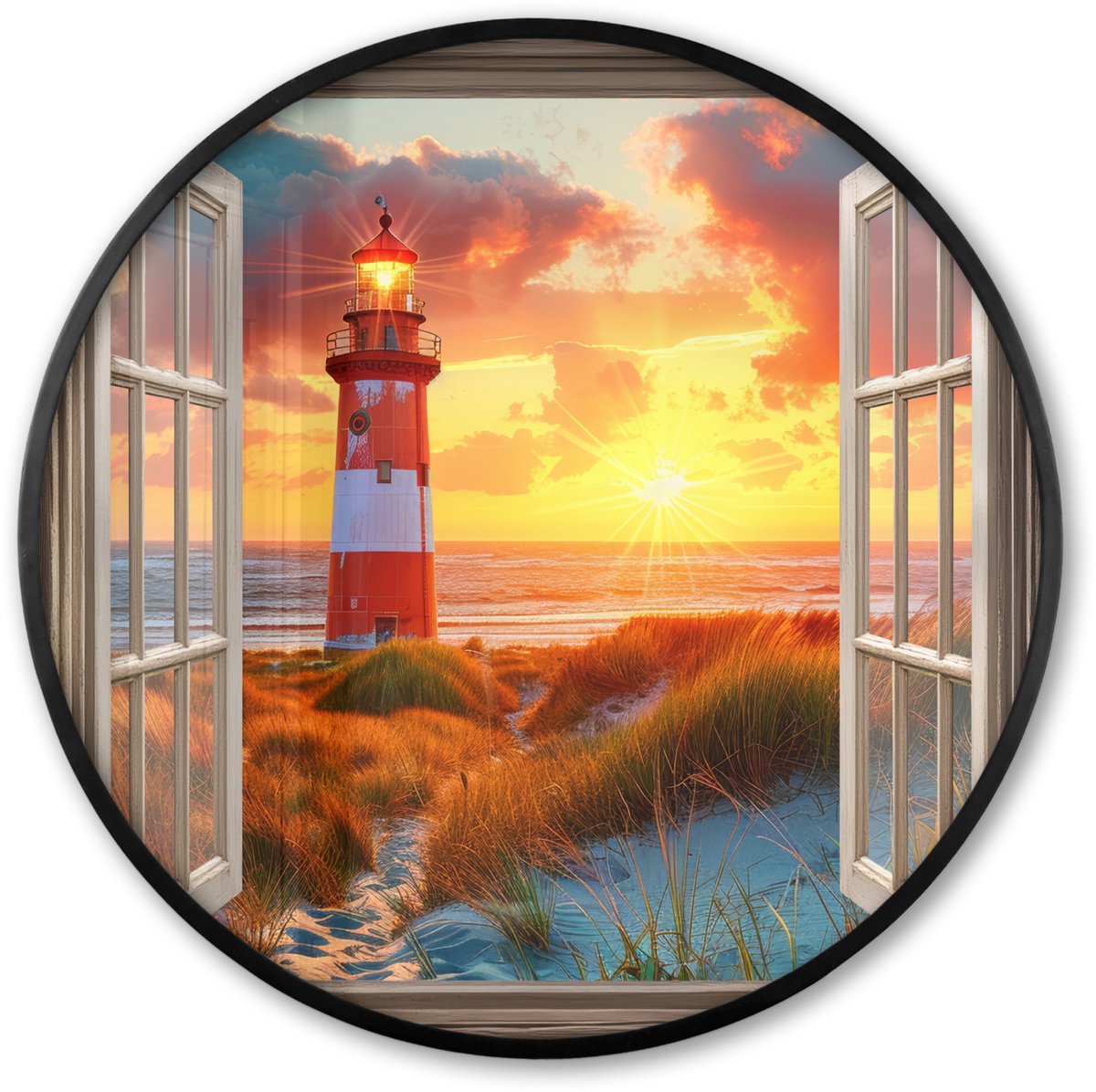 FrameYourWall Poster in lijst Rond - Fotolijst 60x60 cm - Posters - Doorkijk - Raam - Vuurtoren - Zonsondergang - Strand - Ronde posterlijst zwart - Decoratie - Wanddecoratie woonkamer - Muurdecoratie slaapkamer Zonsondergang - Vuurtoren