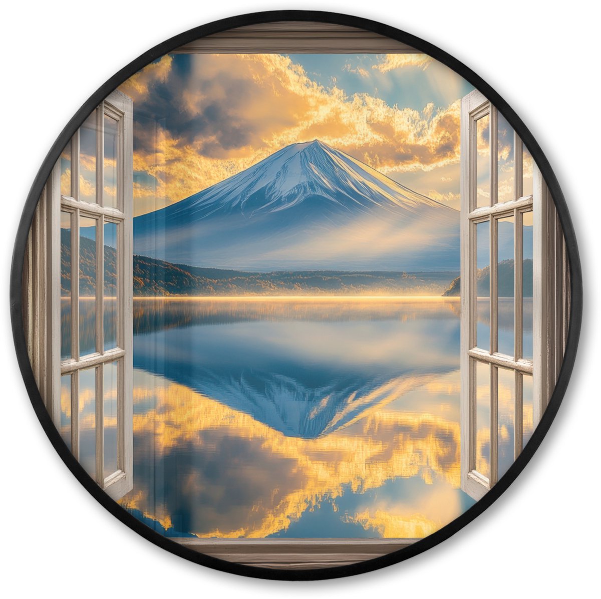 FrameYourWall Poster in lijst Rond - Fotolijst 80x80 cm - Posters - Doorkijk - Landschap - Bergen - Uitzicht - Raam - Ronde posterlijst zwart - Decoratie - Wanddecoratie woonkamer - Muurdecoratie slaapkamer
