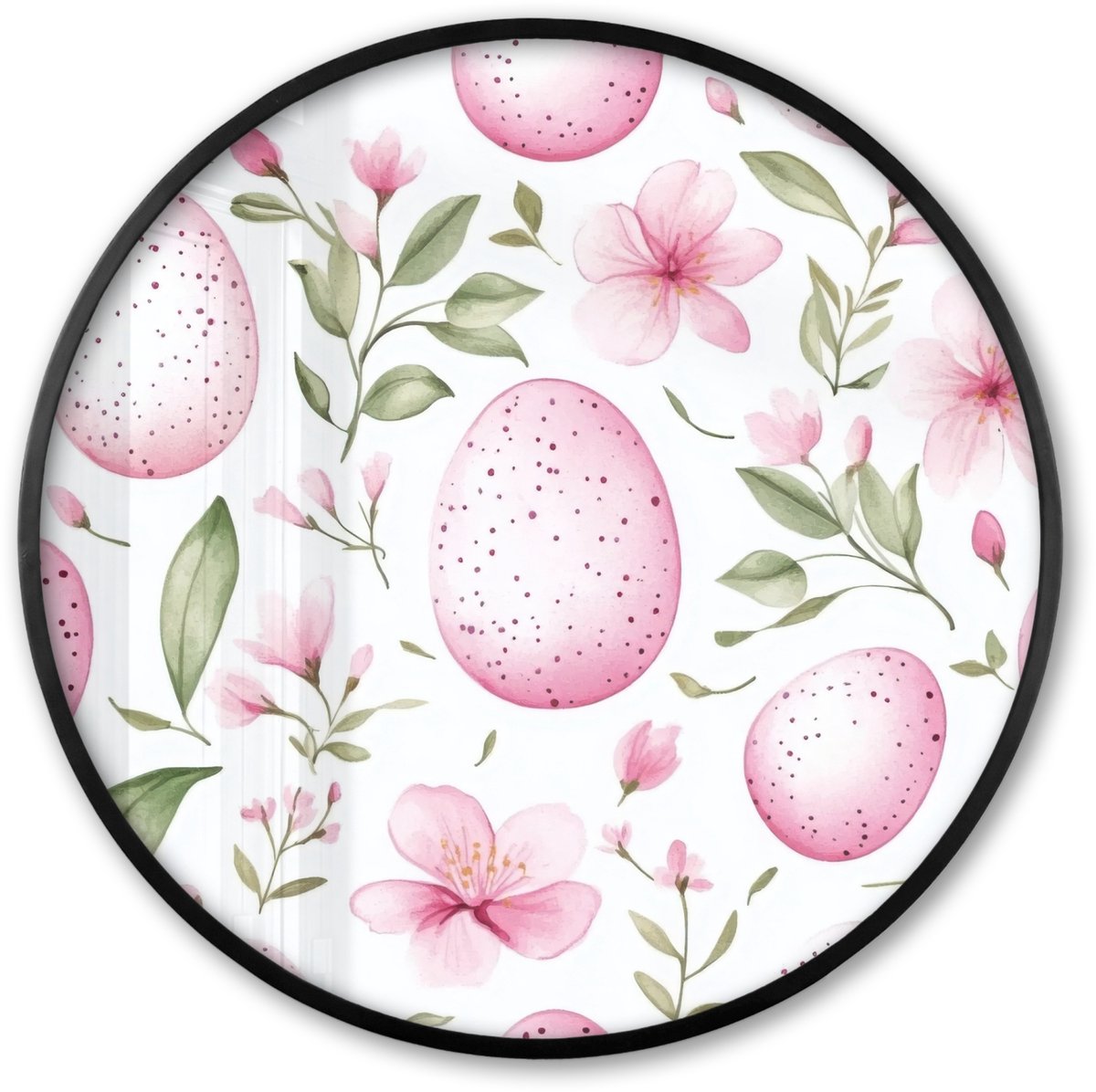 FrameYourWall Poster in lijst Rond - Fotolijst 60x60 cm - Posters - Patroon - Eieren - Roze - Pasen - Ronde posterlijst zwart - Decoratie - Wanddecoratie woonkamer - Muurdecoratie slaapkamer