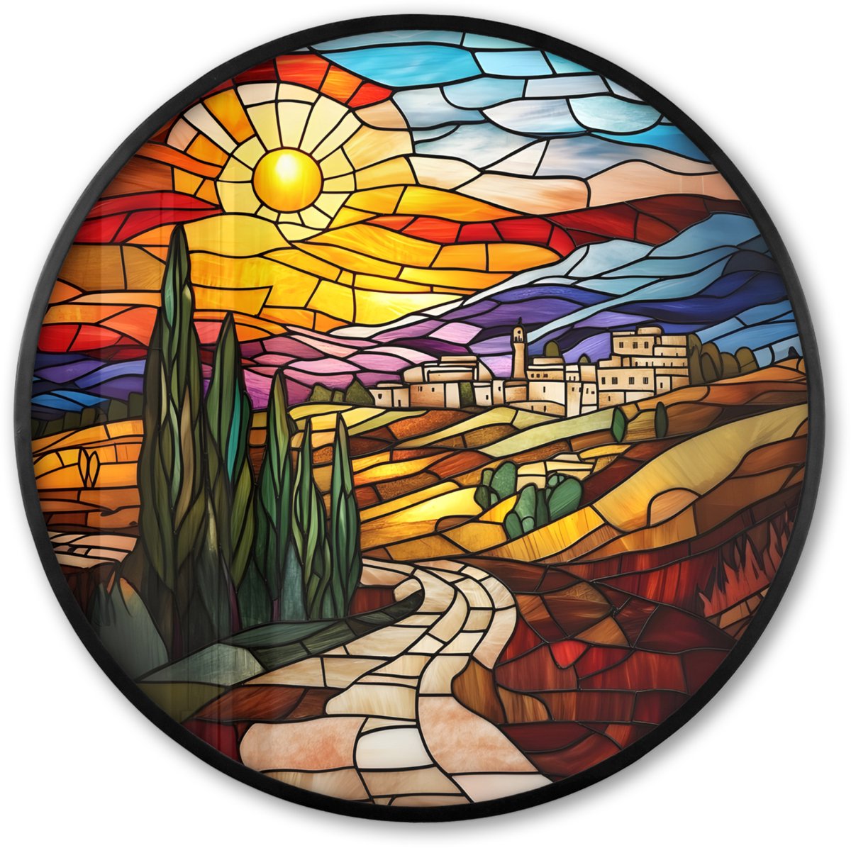 FrameYourWall Poster in lijst Rond - Fotolijst 80x80 cm - Posters - Mozaïek - Zon - Landschap - Dorp - Ronde posterlijst zwart - Decoratie - Wanddecoratie woonkamer - Muurdecoratie slaapkamer Zon - Landschap - Mozaïek