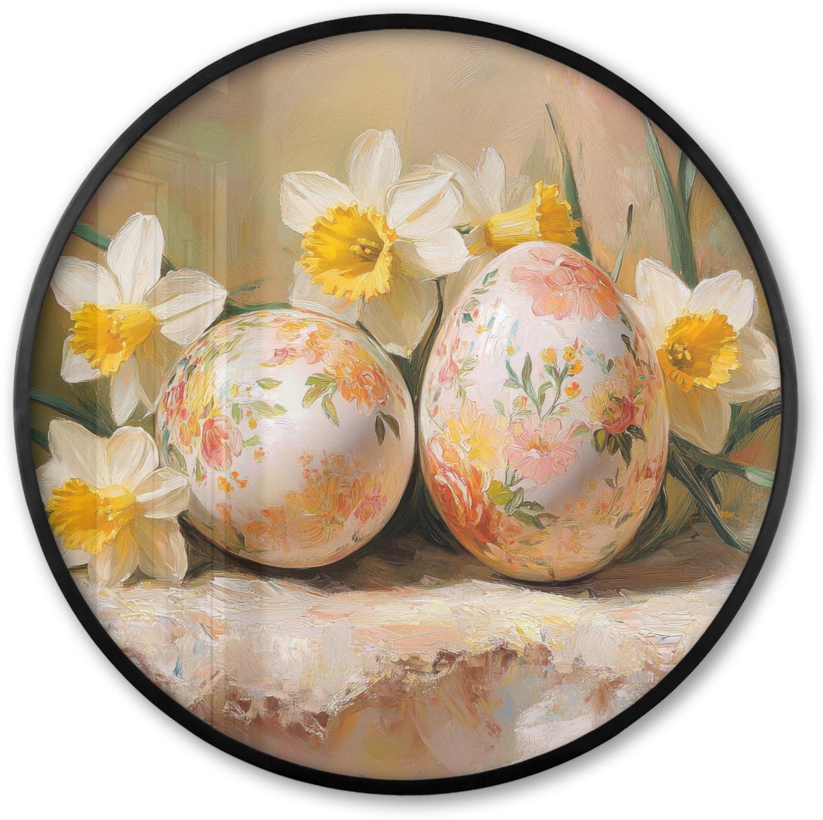 FrameYourWall Poster in lijst Rond - Fotolijst 80x80 cm - Posters - Bloemen - Eieren - Geschilderd - Ronde posterlijst zwart - Decoratie - Wanddecoratie woonkamer - Muurdecoratie slaapkamer Paaseieren - Vintage