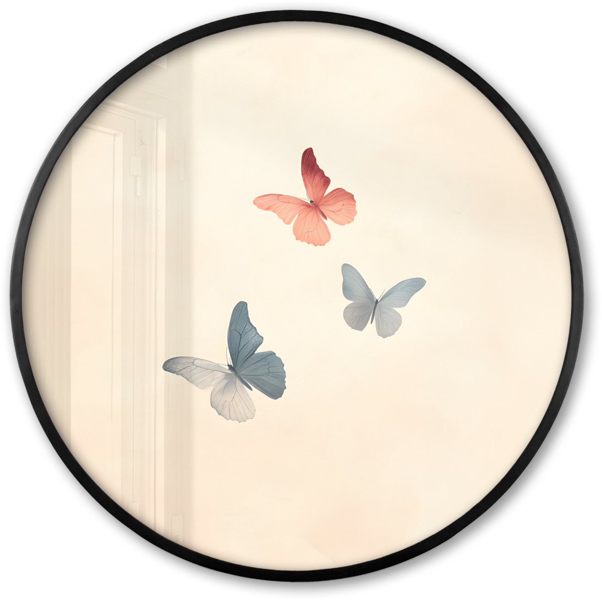 FrameYourWall Poster in lijst Rond - Fotolijst 80x80 cm - Posters - Vlinders - Minimalistisch - Roze - Ronde posterlijst zwart - Decoratie - Wanddecoratie woonkamer - Muurdecoratie slaapkamer