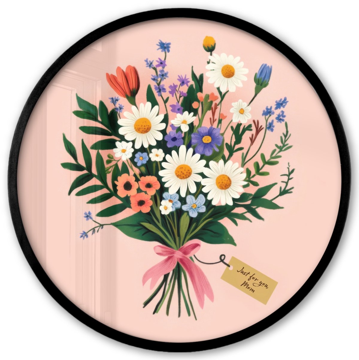 FrameYourWall Poster in lijst Rond - Fotolijst 40x40 cm - Posters - Margrieten - Boeket - Strikje - Roze - Ronde posterlijst zwart - Decoratie - Wanddecoratie woonkamer - Muurdecoratie slaapkamer Boeket - Kaartje