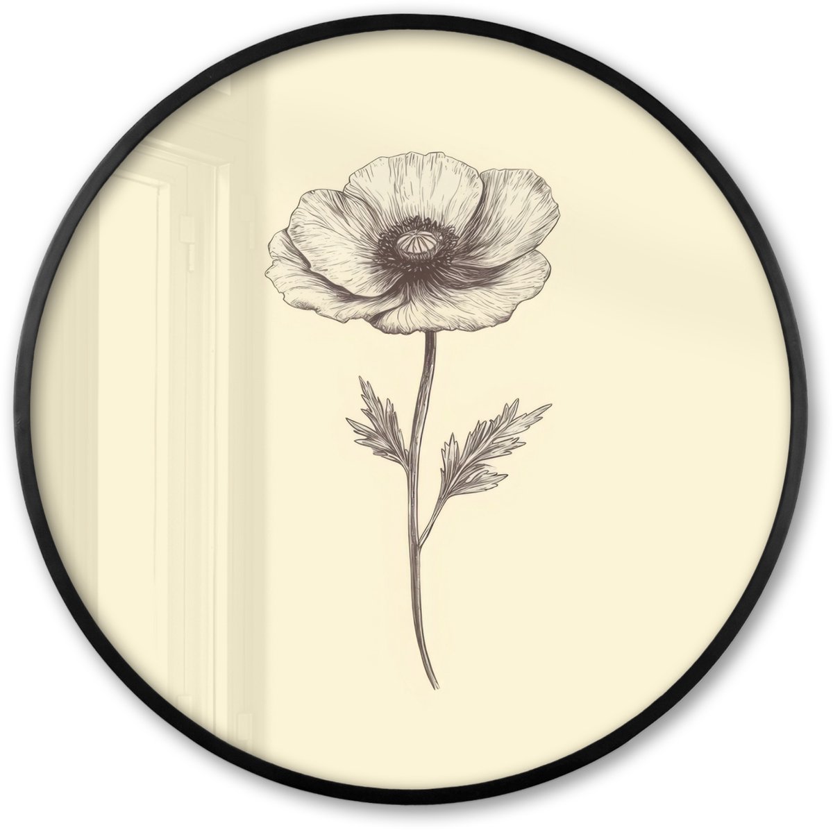FrameYourWall Poster in lijst Rond - Fotolijst 80x80 cm - Posters - Klaproos - Illustratie - Zwart - Ronde posterlijst zwart - Decoratie - Wanddecoratie woonkamer - Muurdecoratie slaapkamer