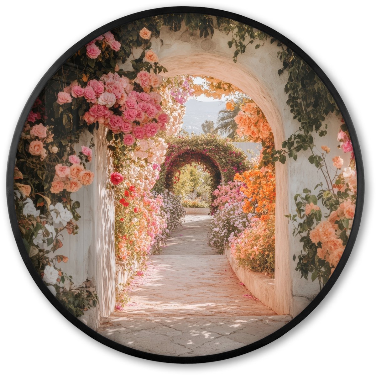 FrameYourWall Poster in lijst Rond - Fotolijst 80x80 cm - Posters - Doorkijk - Boog - Bloemen - Pastel - Ronde posterlijst zwart - Decoratie - Wanddecoratie woonkamer - Muurdecoratie slaapkamer Boog - Zomers