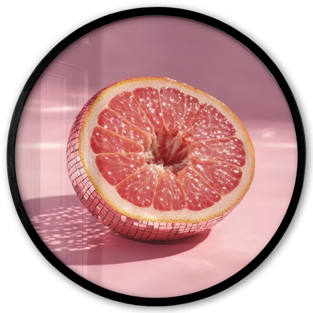 FrameYourWall Poster in lijst Rond - Fotolijst 40x40 cm - Posters - Grapefruit - Roze - Disco - Shiny - Ronde posterlijst zwart - Decoratie - Wanddecoratie woonkamer - Muurdecoratie slaapkamer Disco - Fruit