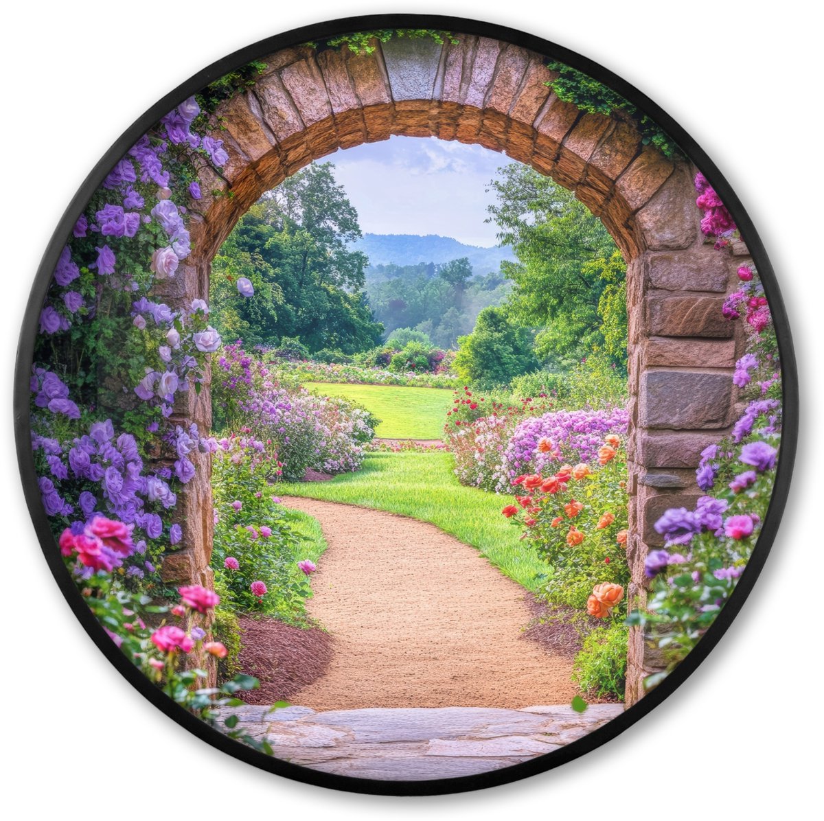 FrameYourWall Poster in lijst Rond - Fotolijst 80x80 cm - Posters - Doorkijk - Poort - Bloemen - Tuin - Ronde posterlijst zwart - Decoratie - Wanddecoratie woonkamer - Muurdecoratie slaapkamer