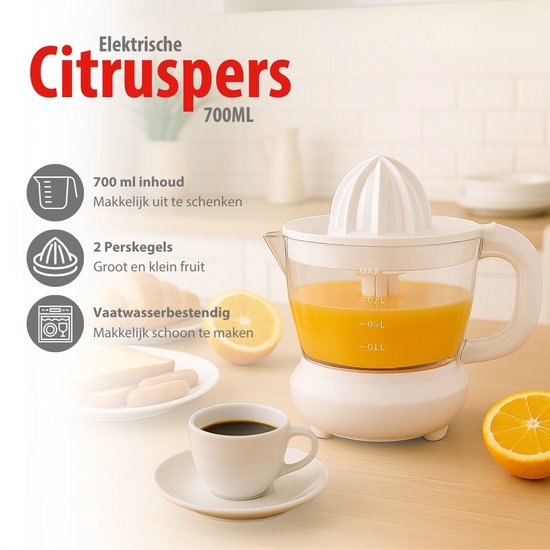 alpina Citruspers 0.7L - Sinaasappelpers Elektrisch 25W - Citrus Pers met 2 Perskegels - Sapcentrifuge voor Sinaasappels en Citroenen - Vaatwasbestendig van Merkloos — afbeelding 2