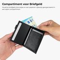 Zwarte pasjeshouder wordt geopend om bankbiljetten en een rijbewijs in het geldvak te plaatsen.