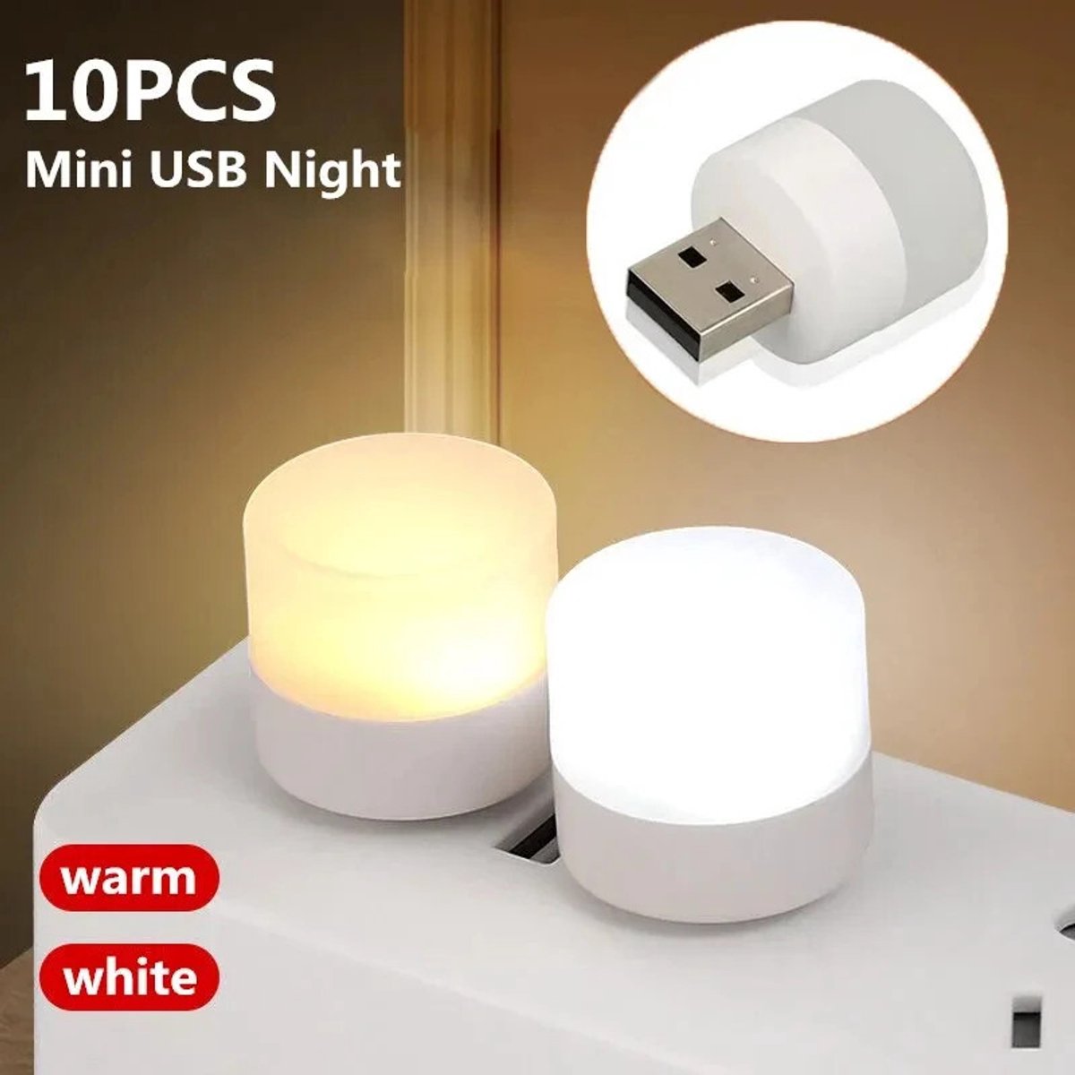 10-delige USB LED-nachtlamp Mini Warm Wit Licht voor Laptop Powerbank Reizen - (5 warme lichten + 5 witte lichten)