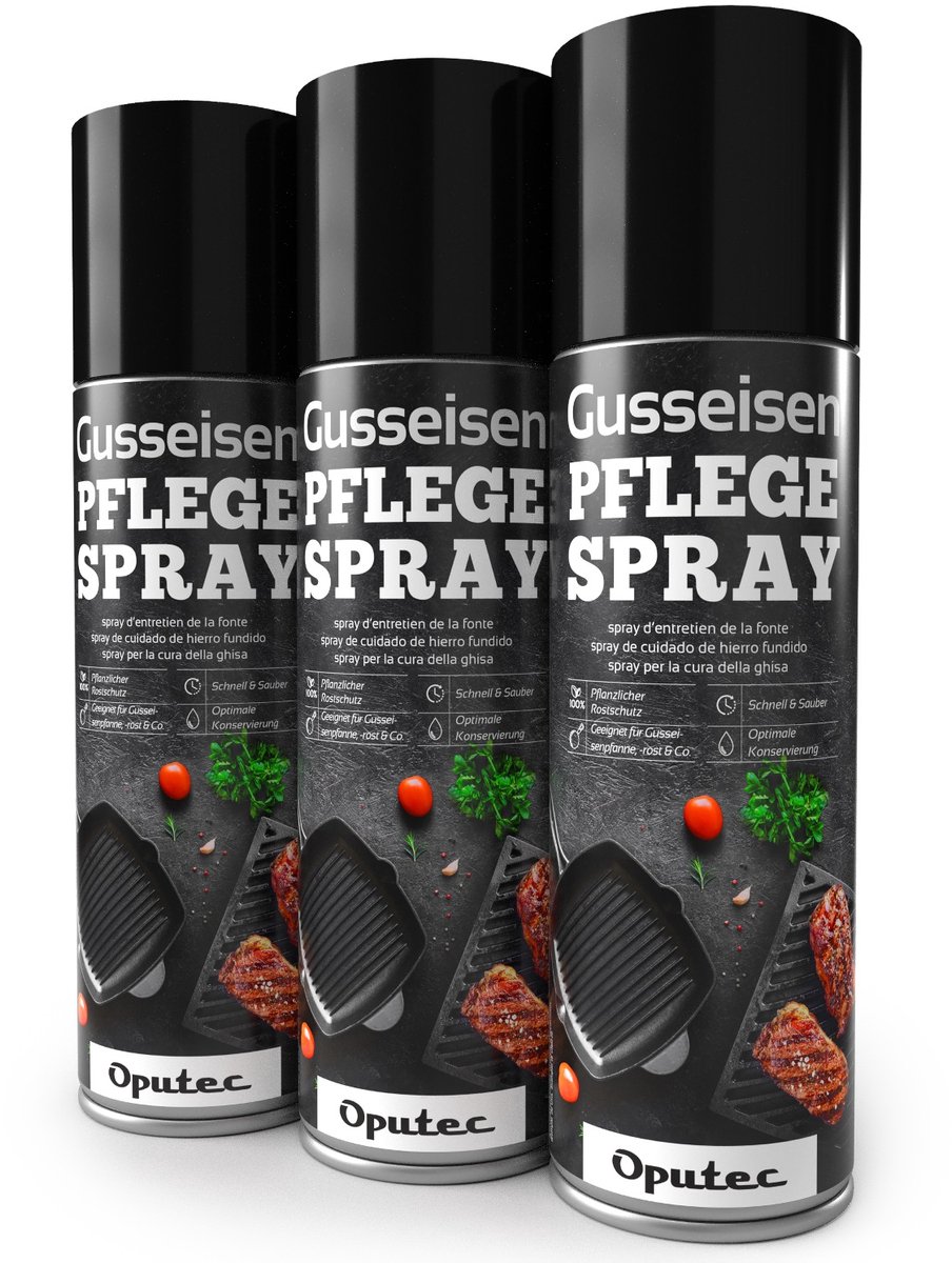 Oputec 3x 500ml gietijzer onderhoudsspray | cast iron care oil spray | 100% plantaardig | made in Germany