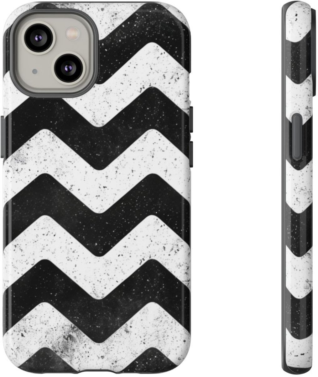 Zwart-Wit Zigzagpatroon met Vintage Effect – Telefoonhoesje Geschikt voor iPhone 14