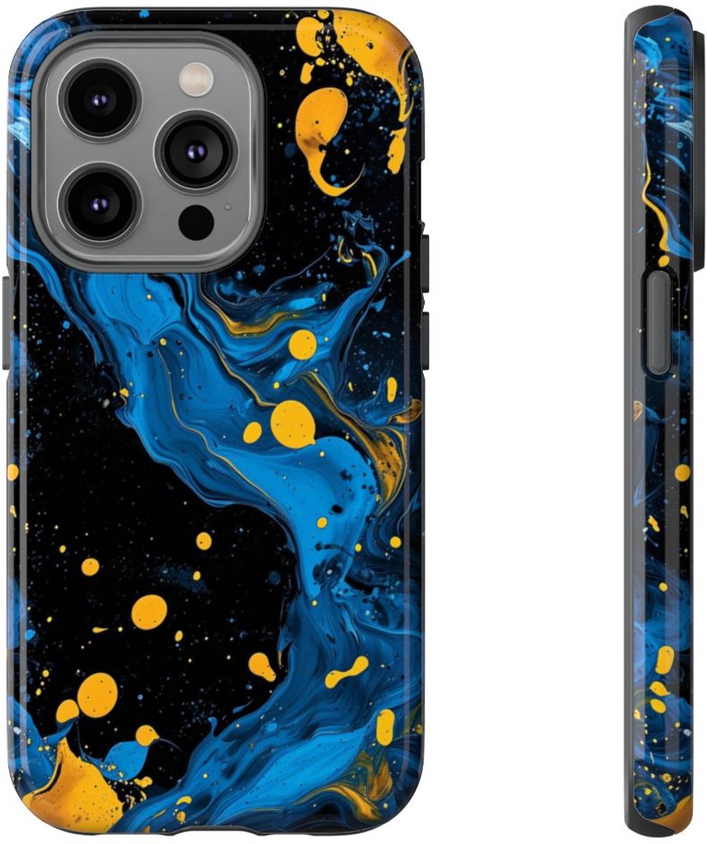 Blauwe en Gele Verfspatten Abstract – Telefoonhoesje Geschikt voor iPhone 14 Pro