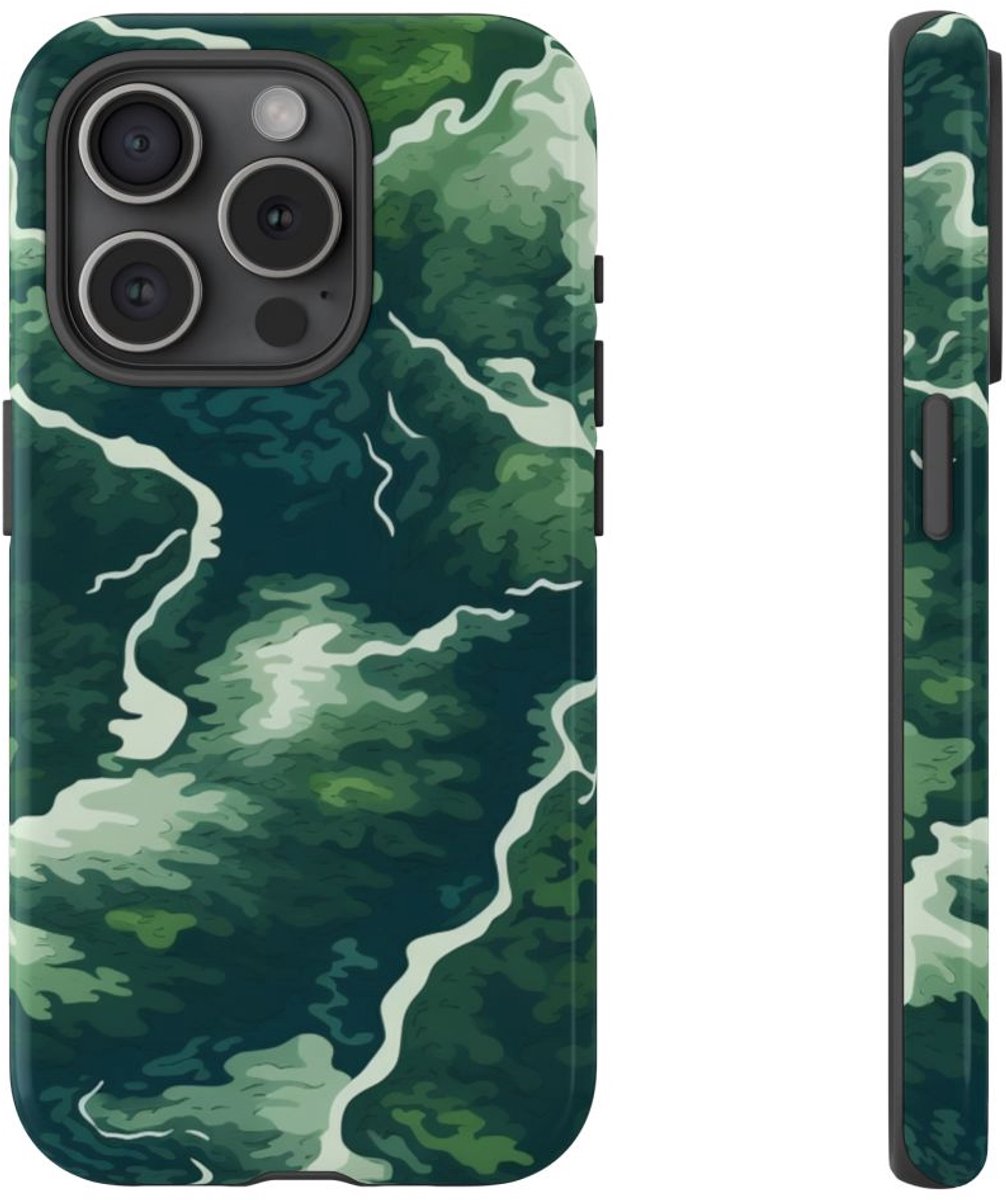 Abstracte Groene Rivier en Bospatroon – Telefoonhoesje Geschikt voor iPhone 15 Pro