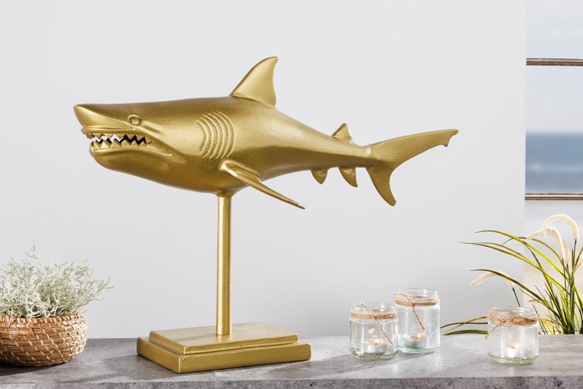 Maritiem beeld HAI 68cm goud handgemaakt metalen design haai - 42988