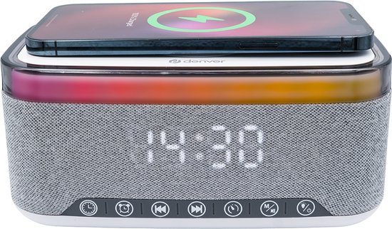Denver Wekker met Draadloze Oplader – White Noise Machine – Digitale Wekker – Bluetooth – FM Radio – Dubbel Alarm – Dimmer – CRQ225