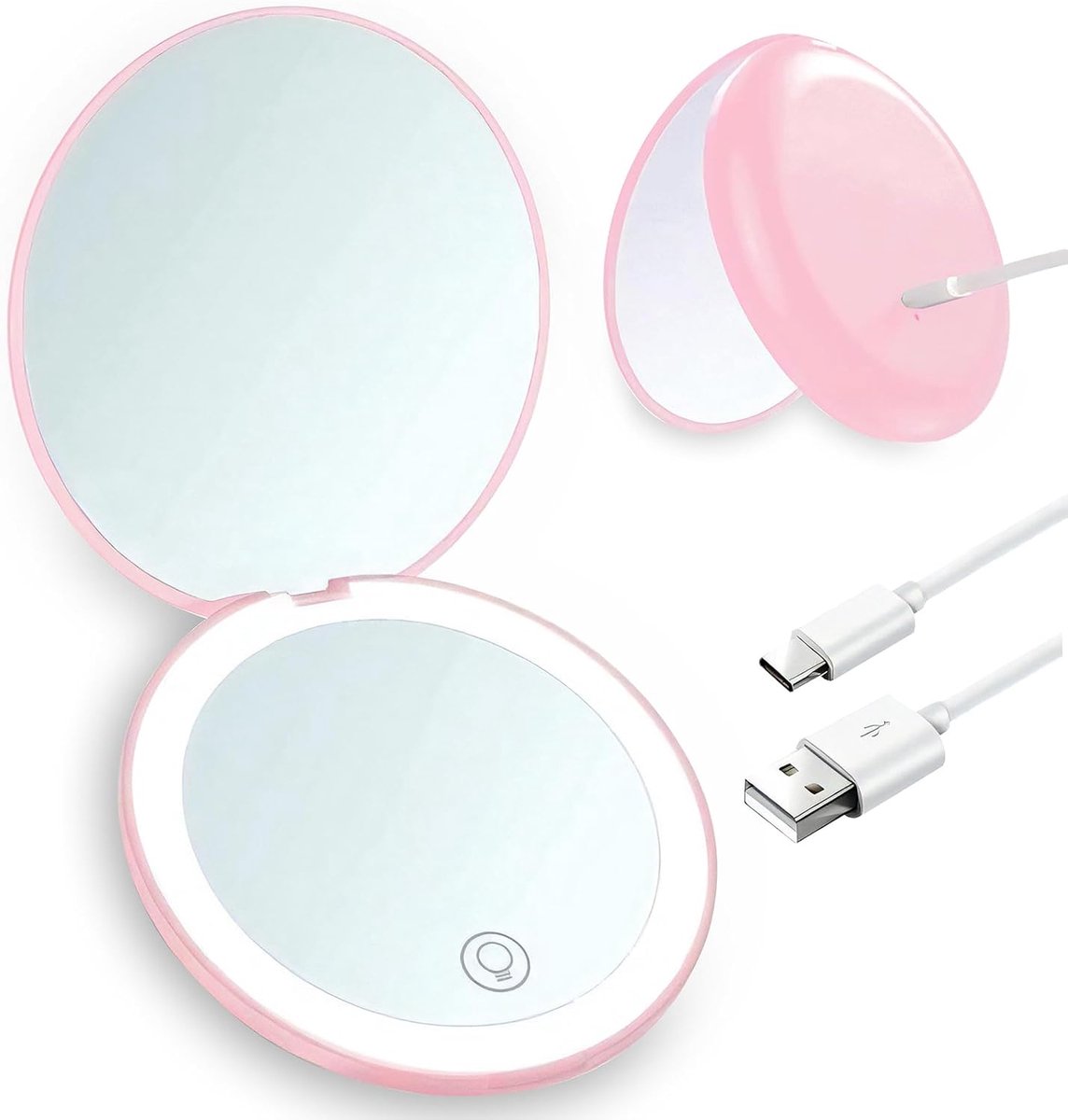 Make-upspiegel - Verlichte compacte spiegel - Oplaadbaar - 1x/10x vergroting Draagbare make-upspiegel - Natuurlijk daglicht LED reismake-upspiegel - Kleine dimbare verlichte spiegel - Geschikt voor handtassen -Roze