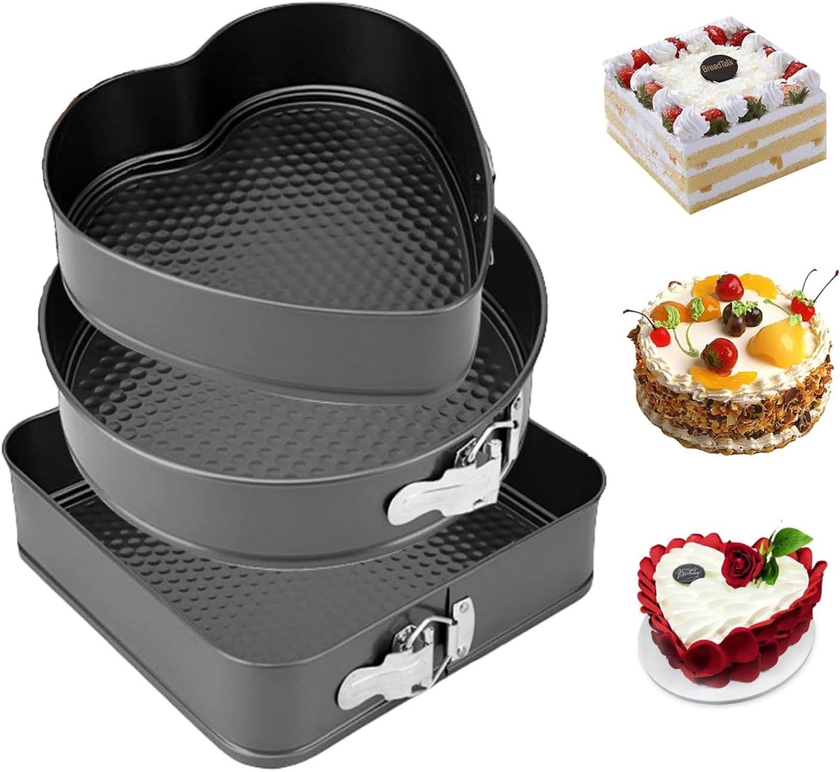 Bakvormenset, voedselveilige antiaanbaklaag, cakevorm, BPA-vrij, met uitneembare bodem, honingraatbodem voor gelijkmatige verhitting, hartvormig, rond, vierkant, 20/22/24 cm