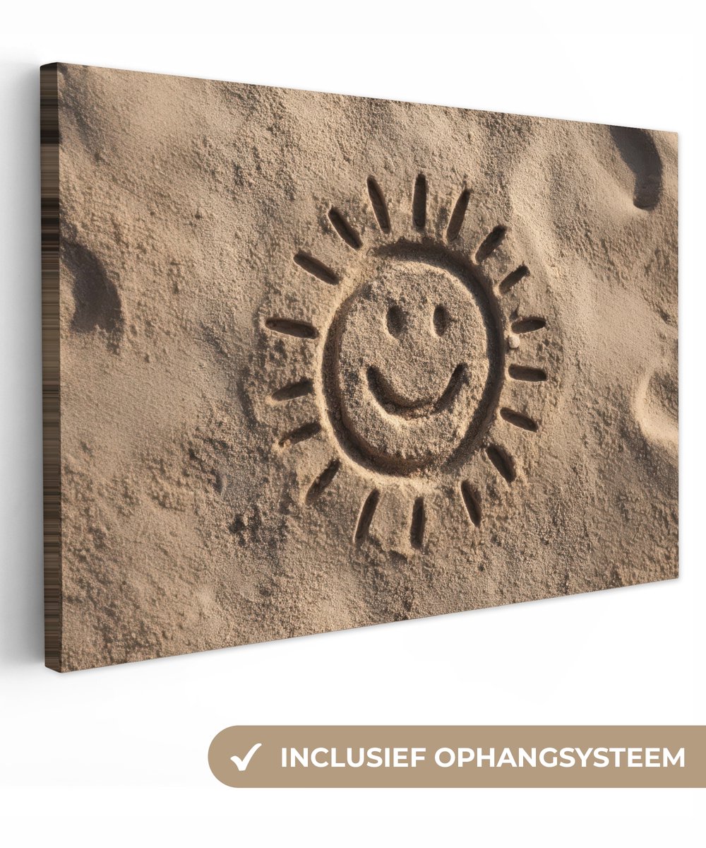 Canvas schilderij 90x60 cm - Exclusieve wanddecoratie Gezichtje - Zon - Zand - Getekend -