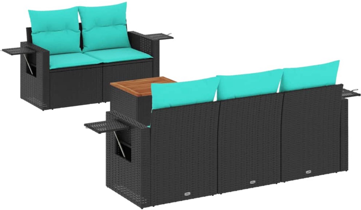 vidaXL - 6-delige - tuinbankset - met - kussens - van - zwart - polyrotan