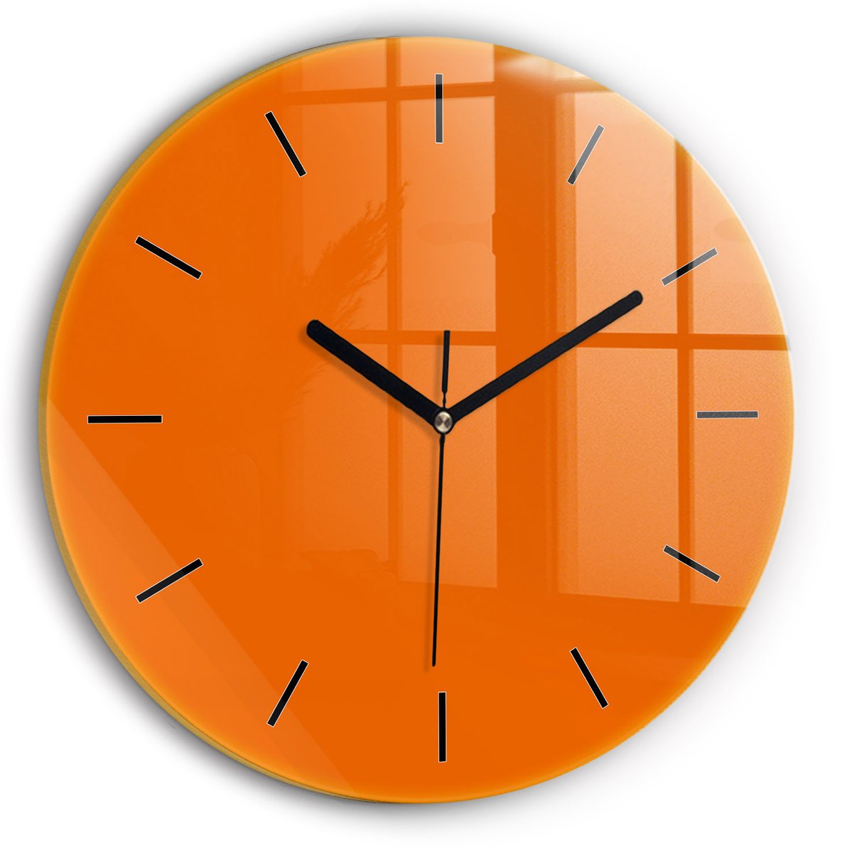 Wallfluent Wandklok - Oranje Ronde Glas Klok - 30 cm x 30 cm - Oranje Wandklok - Zwarte Handen - Wandklok Zonder Cijfers - Wandklok Glas Woonkamer - Ronde Glazen Klok - Minimalistisch Wandklok - Ronde Glazen Wandklok