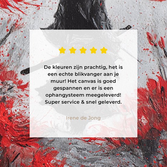 Klantrecensie: 'De kleuren zijn prachtig, het is een echte blikvanger aan je muur! Het canvas is goed gespannen en er is een ophangsysteem meegeleverd! Super service & snel geleverd.' Irene de Jong