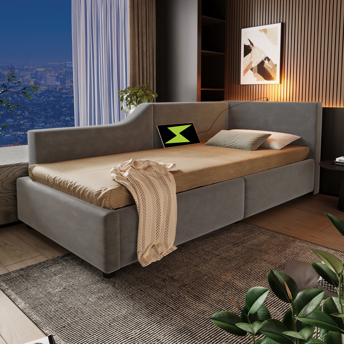 HAUSS SPOLE Slaapbank 90x200 cm - Zetelbed met Hydraulische Opbergruimte en USB-C Oplaadfunctie - Fluweel - Grijs