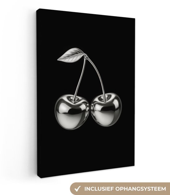 Deux cerises métalliques brillantes avec tige et feuille sur fond noir. Système de suspension inclus.