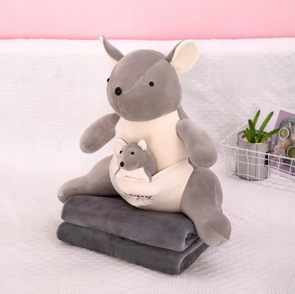 Grote Grijze Kangoeroe Knuffel met Deken 3-in-1