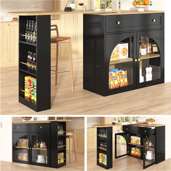 Zwarte bar met uitschuifbaar blad, glasdeuren met proviand en drank, open flessenrek, en collage van het meubel.