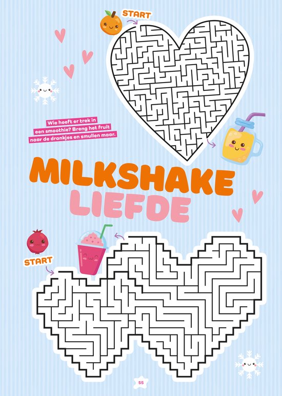 Page 'Amour de milkshake' avec des labyrinthes en forme de cœur et des illustrations fruitées.
