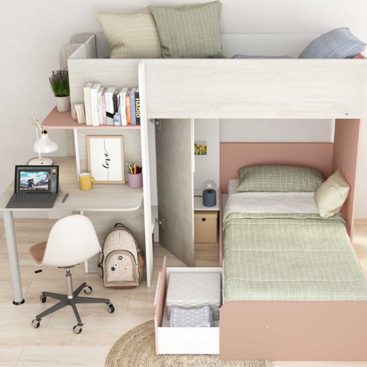 Vente-unique Stapelbed hout lichtgrijs, poederroze 90 x 190 cm