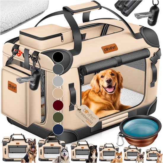 Lovpet® Opvouwbare Hondenbox XL - Incl. Hondenbak, 81,3 X 58,4 X 58,4 Cm, Transporttas Voor Honden En Katten, Beige