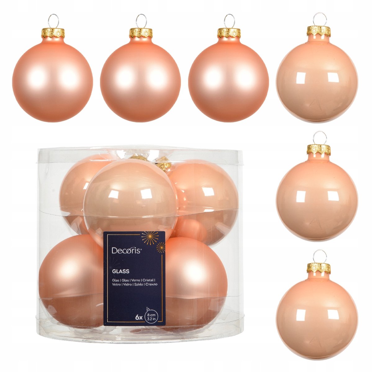 Grote Perzik Glazen Kerstballen Mat & Glans 8cm Set 6 stuks