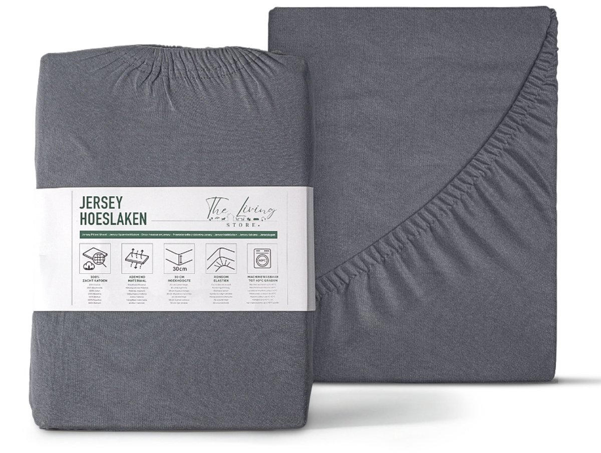 The Living Store - Katoenen Hoeslaken - Enkel Jersey - 120/140 x 200 cm - 100% katoen - Antraciet - Tweepersoons - Hotelkwaliteit