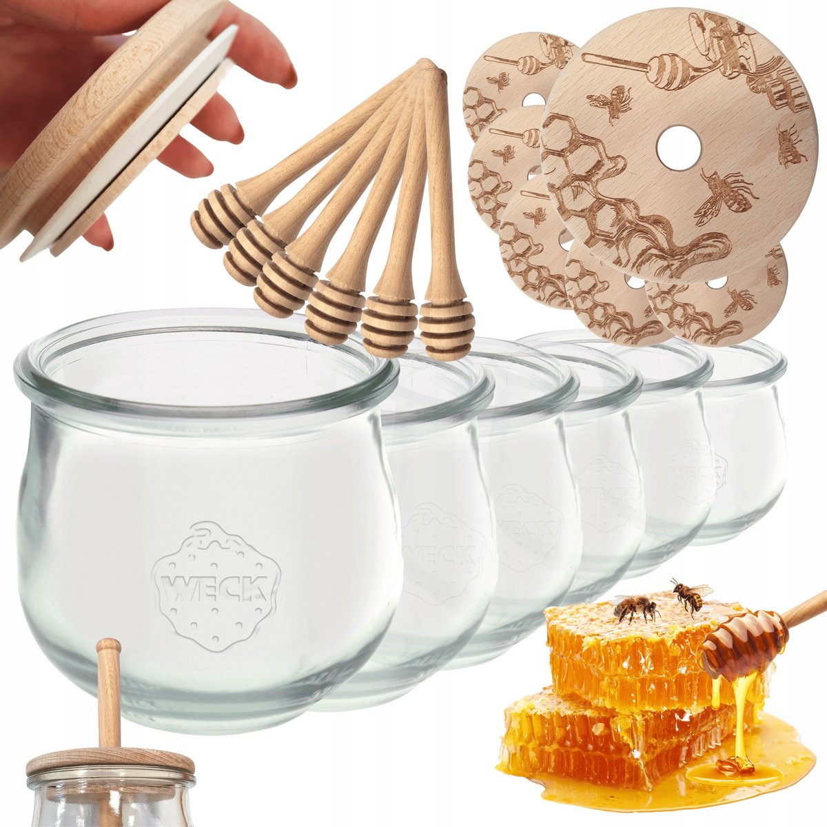 WECK Honingpot met Lepel - 6x 370ml - FSC Hout