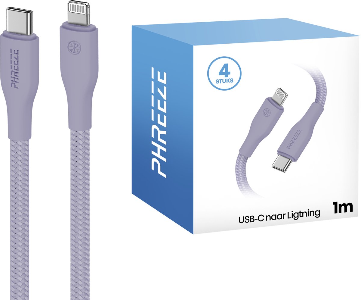 Oplader geschikt voor iPhone kabel paars - 4 pack - 1 meter - Oplaadkabel - Phreeze