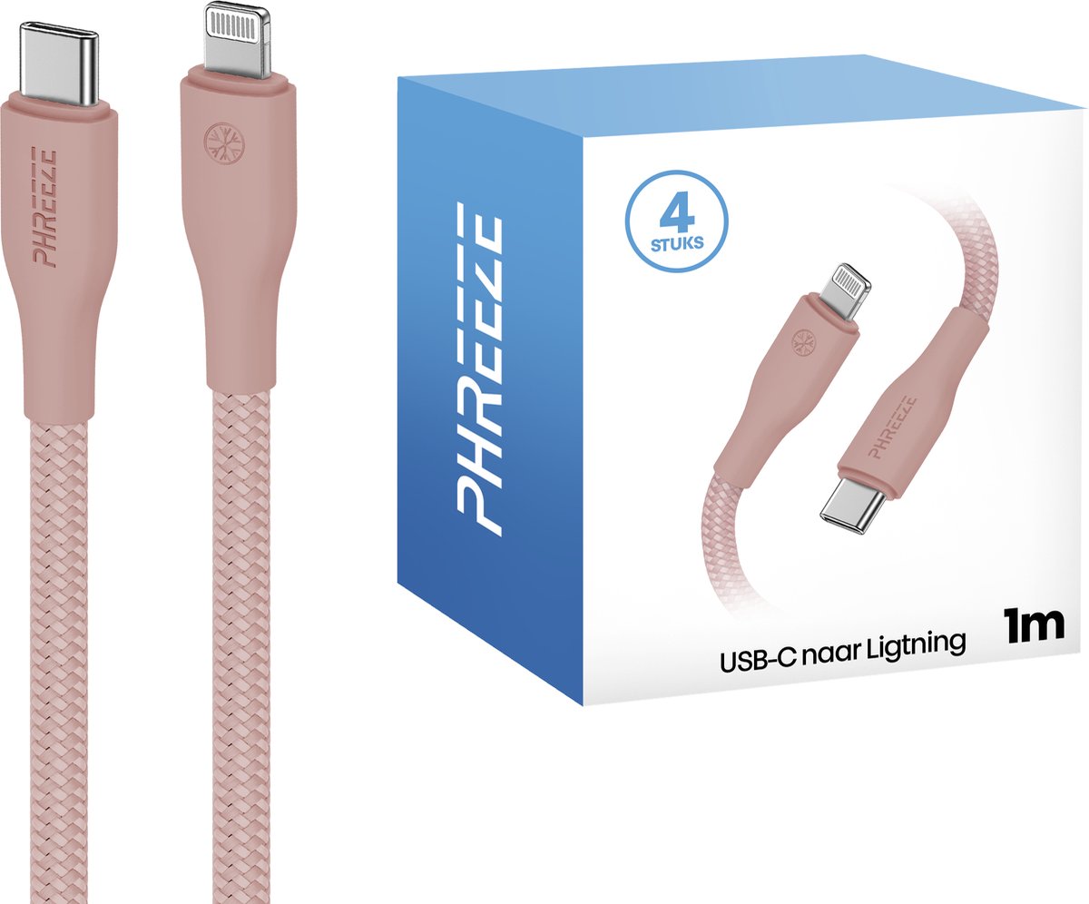 Oplader geschikt voor iPhone kabel roze - 4 pack - 1 meter - Oplaadkabel - Phreeze