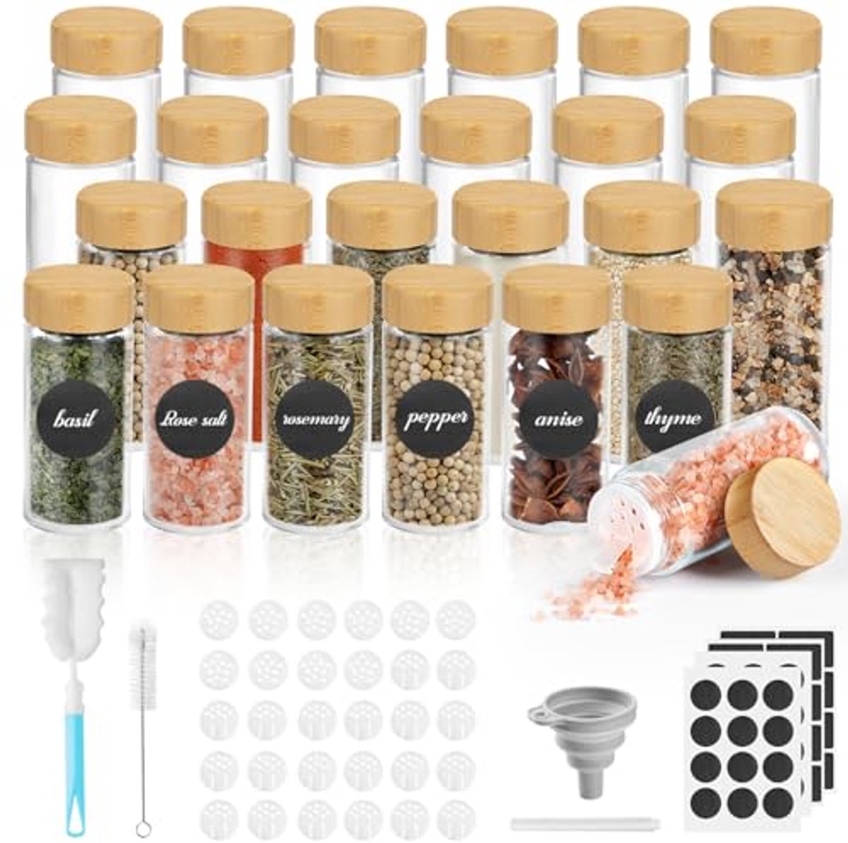 Kruidenpotjes Set van 24 - 120 ml Bamboeglas met Deksel en Labels